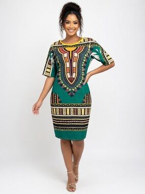 CLEO Green Patterned Midi Dress sz M